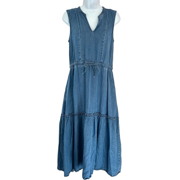 Lands' End Dresses & Skirts - Lands' End Blue Denim Chambray Tiered Midi Dress Size S Lyocell